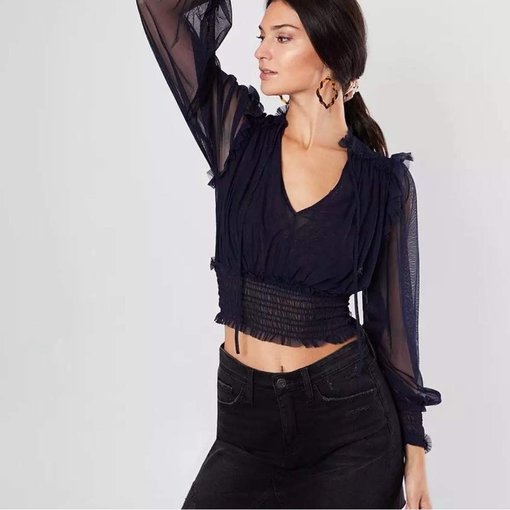 Anthropologie Smocked V-Neck Sheer Long Sleeve Blouse NWT